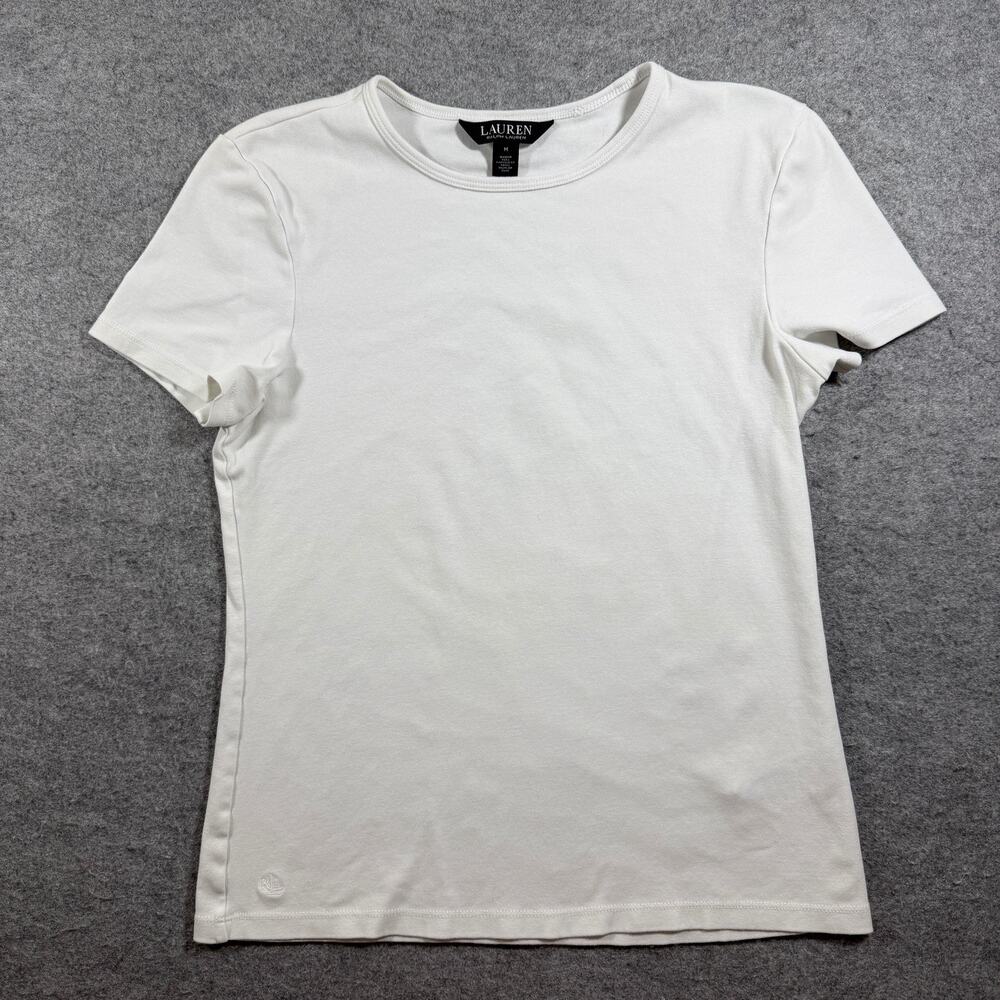 Lauren Ralph Lauren T Shirt Womens M White Crew Neck Short Sleeve Logo Preppy
